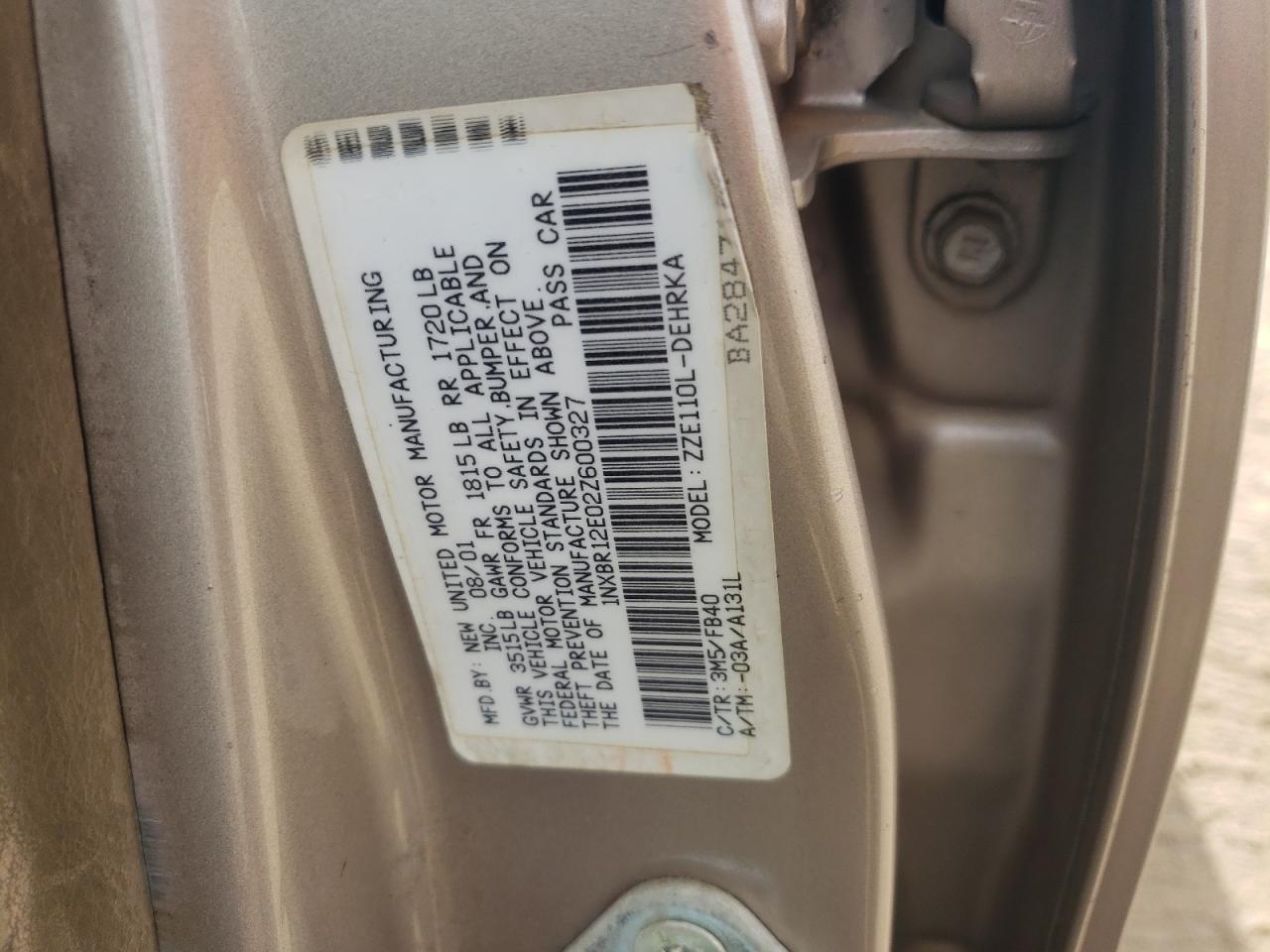 Photo 10 from auction – 2002 TOYOTA COROLLA CE with VIN 1NXBR12E02Z600327