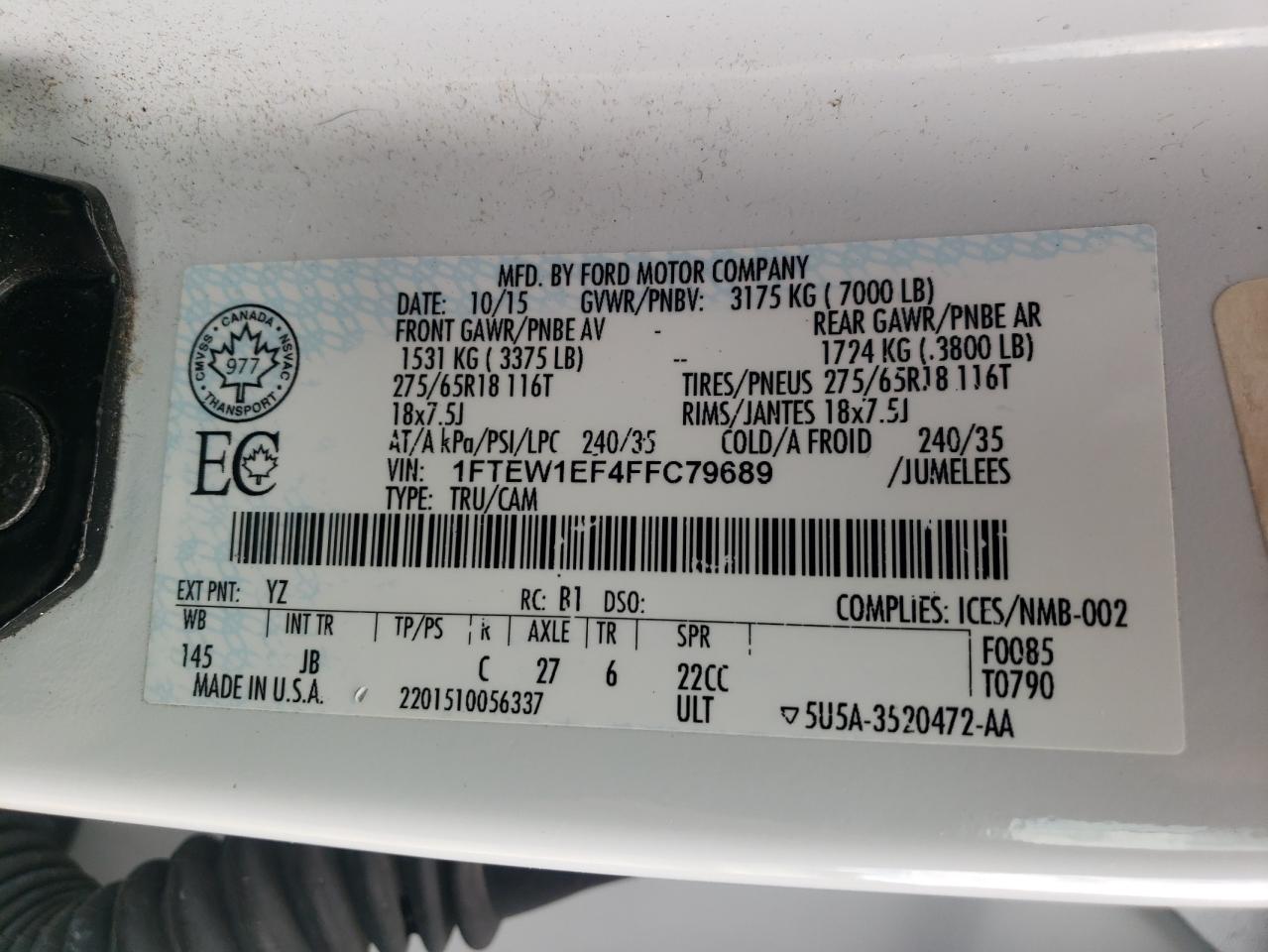 Photo 20 from auction – 2015 FORD F150 SUPER with VIN 1FTEW1EF4FFC79689