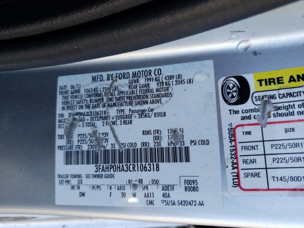 Photo 10 from auction – 2012 FORD FUSION SE with VIN 3FAHP0HA3CR106318