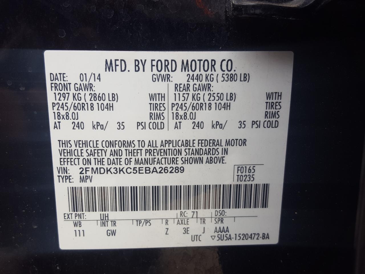 Photo 10 from auction – 2014 FORD EDGE LIMIT with VIN 2FMDK3KC5EBA26289