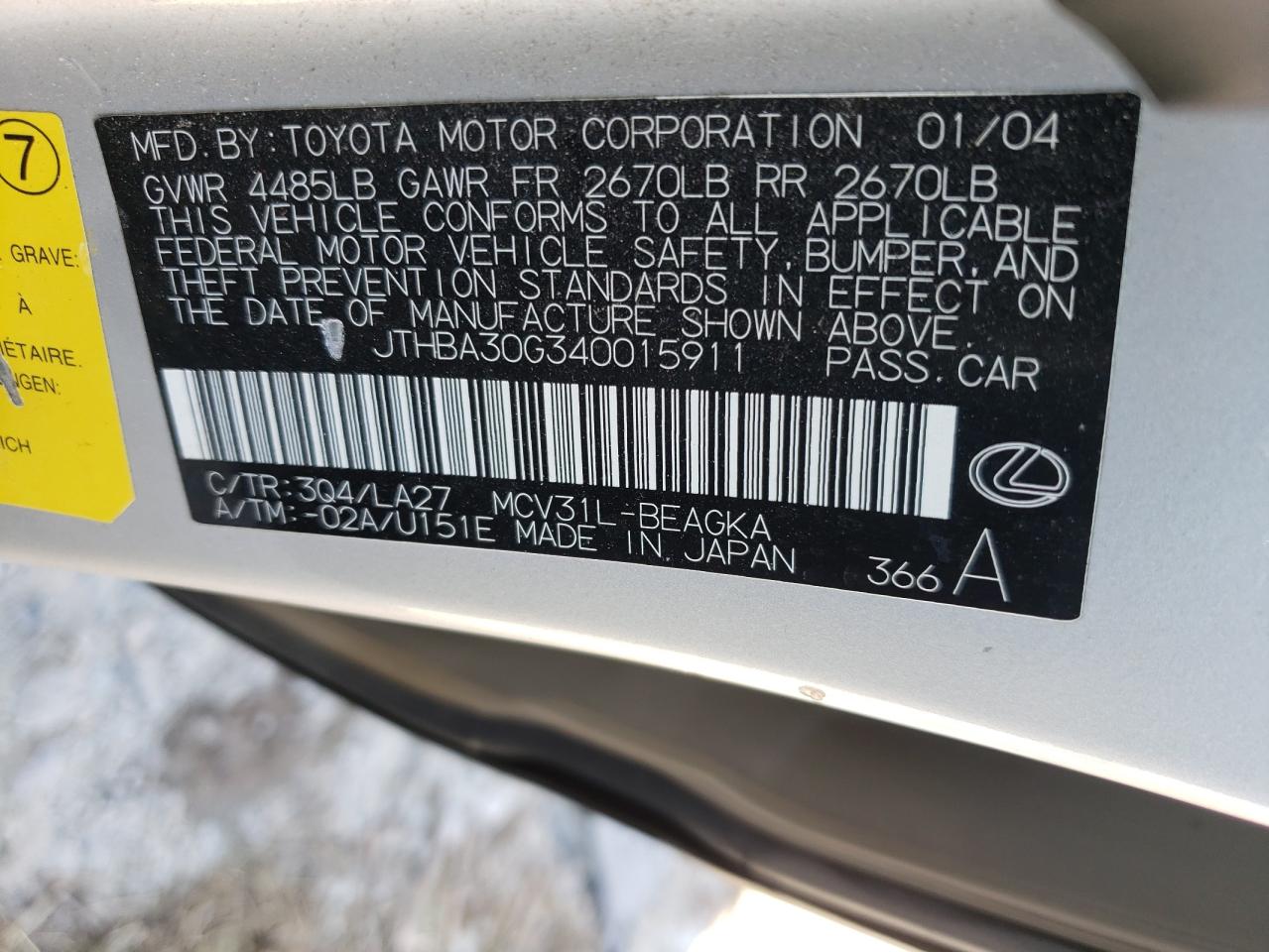 Photo 10 from auction – 2004 LEXUS ES 330 with VIN JTHBA30G340015911