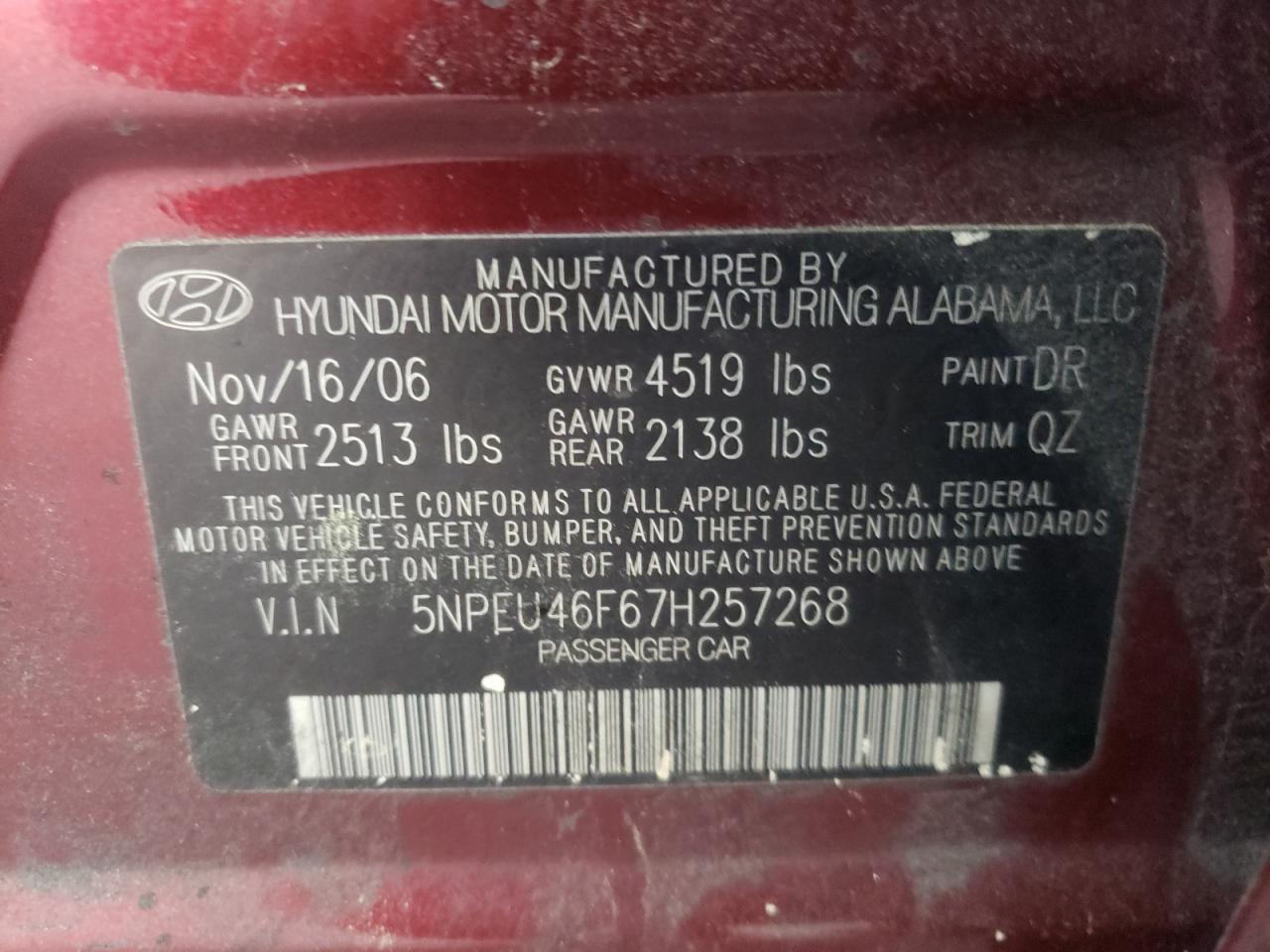 Photo 10 from auction – 2007 HYUNDAI SONATA SE with VIN 5NPEU46F67H257268