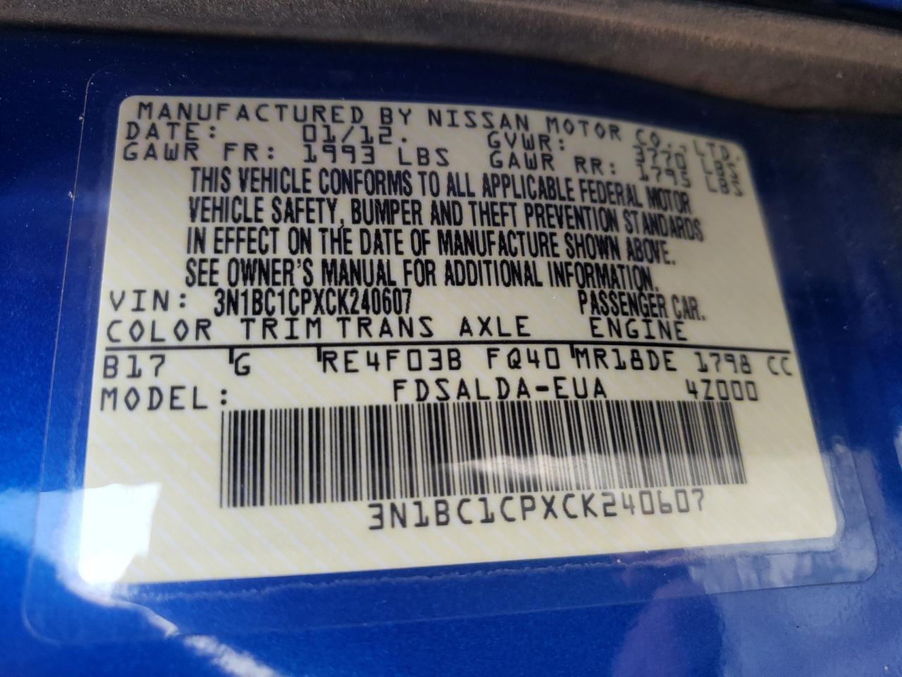 Photo 10 from auction – 2012 NISSAN VERSA S with VIN 3N1BC1CPXCK240607