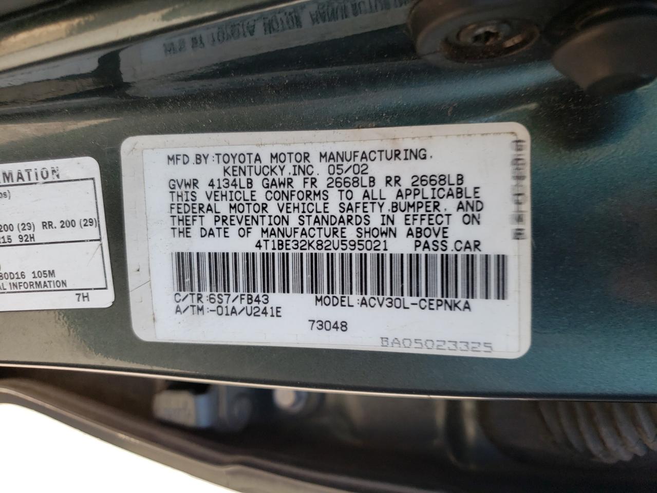 Photo 10 from auction – 2002 TOYOTA CAMRY LE with VIN 4T1BE32K82U595021
