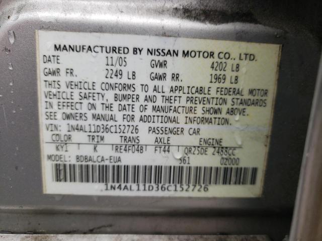 Photo 10 from auction – 2006 NISSAN ALTIMA S with VIN 1N4AL11D36C152726