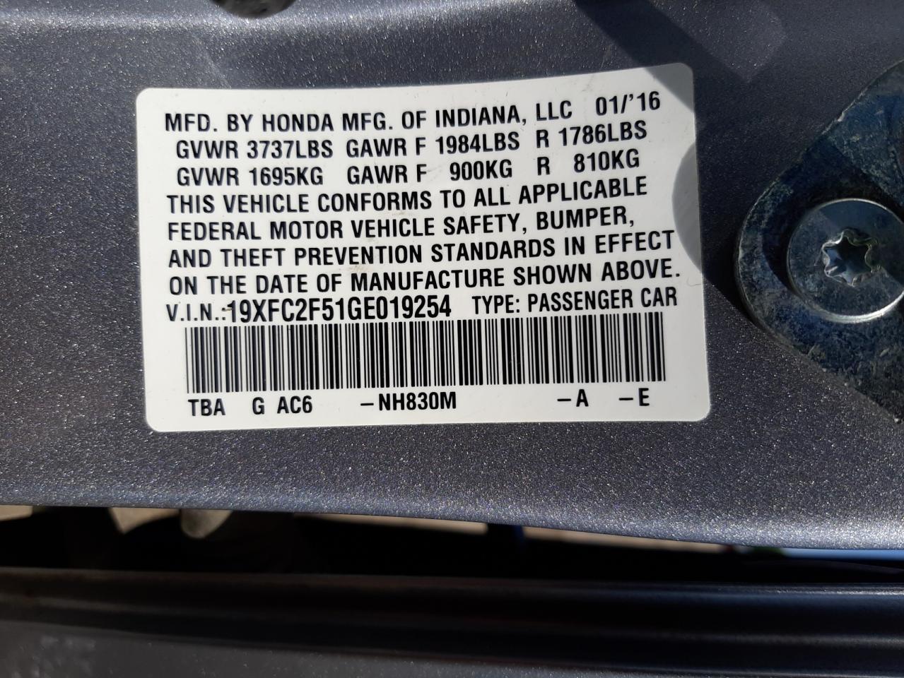 Photo 10 from auction – 2016 HONDA CIVIC LX with VIN 19XFC2F51GE019254