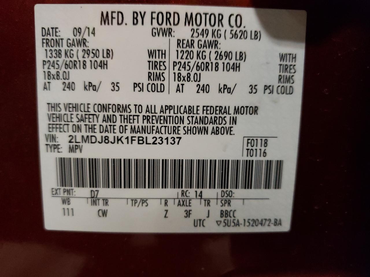Photo 10 from auction – 2015 LINCOLN MKX with VIN 2LMDJ8JK1FBL23137