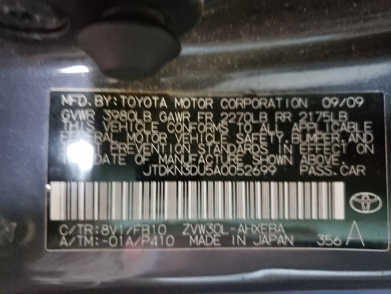 Photo 10 from auction – 2010 TOYOTA PRIUS with VIN JTDKN3DU5A0052699
