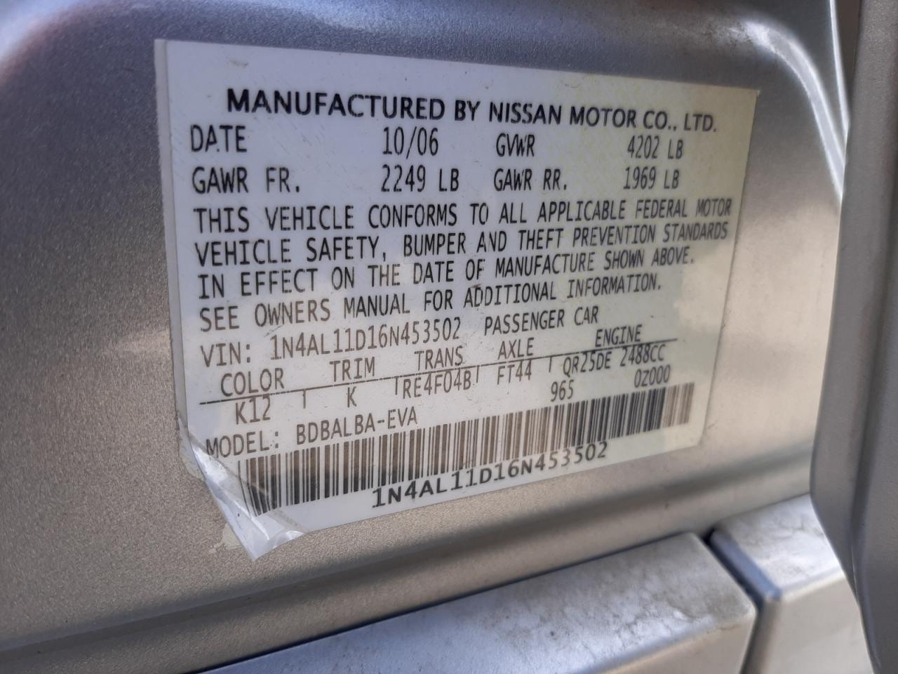 Photo 10 from auction – 2006 NISSAN ALTIMA S with VIN 1N4AL11D16N453502