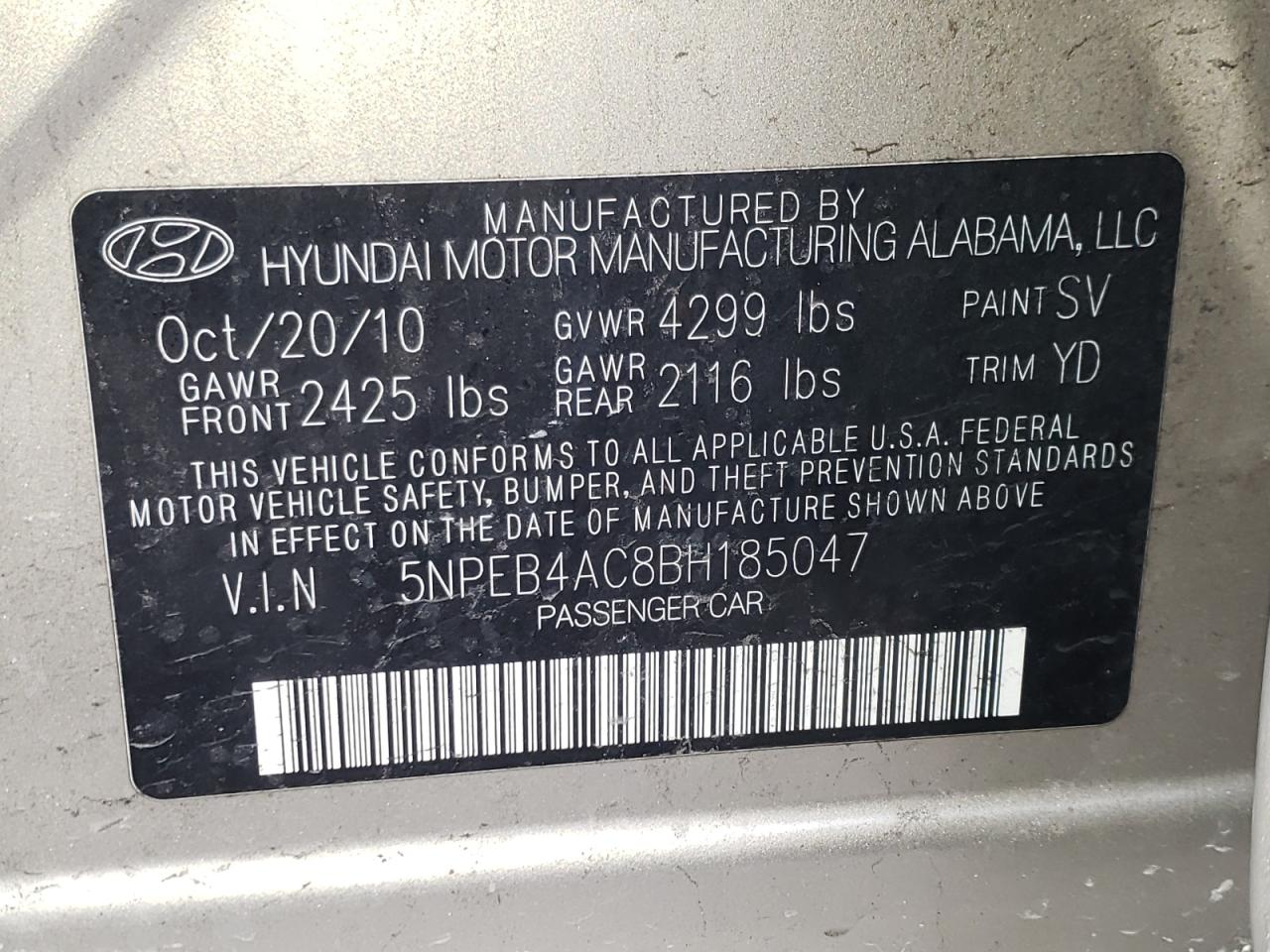 Photo 10 from auction – 2011 HYUNDAI SONATA GLS with VIN 5NPEB4AC8BH185047