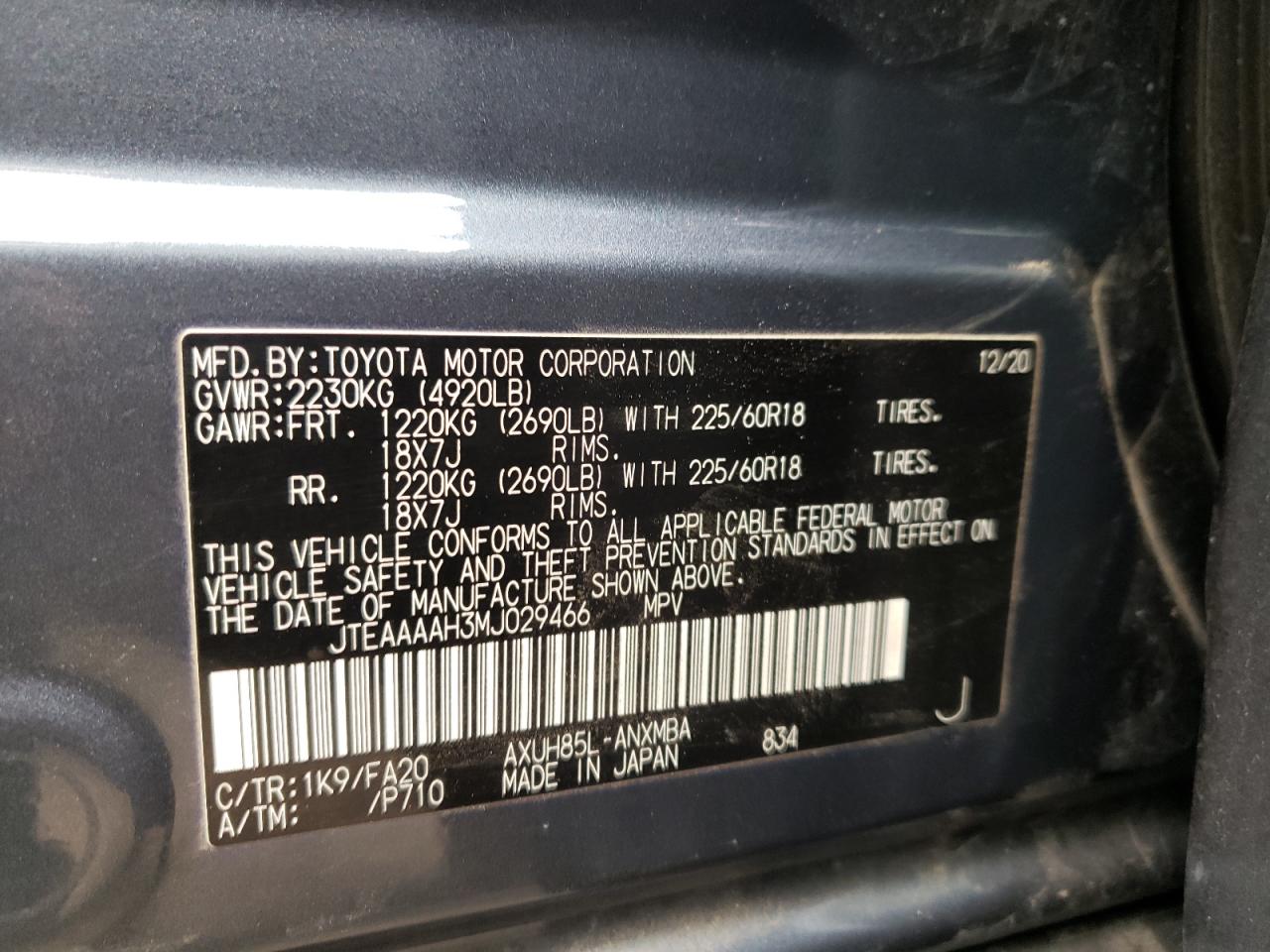 Photo 10 from auction – 2021 TOYOTA VENZA LE with VIN JTEAAAAH3MJ029466