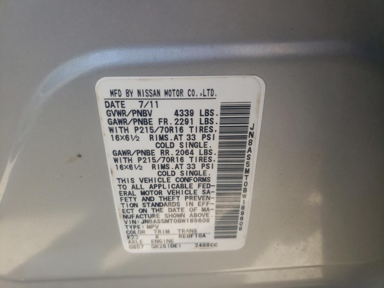 Photo 10 from auction – 2011 NISSAN ROGUE S with VIN JN8AS5MT0BW189608