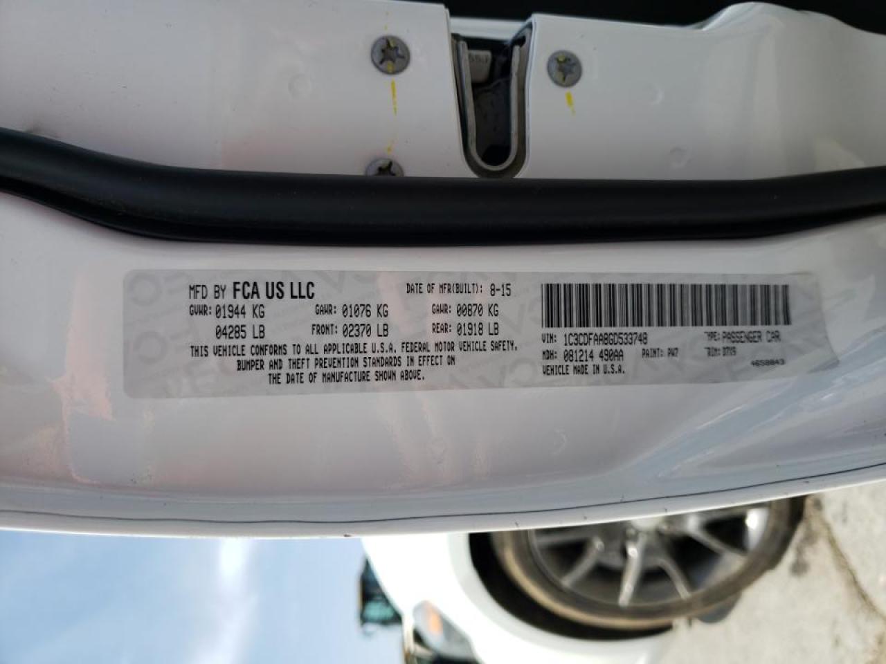 Photo 10 from auction – 2016 DODGE DART SE with VIN 1C3CDFAA8GD533748