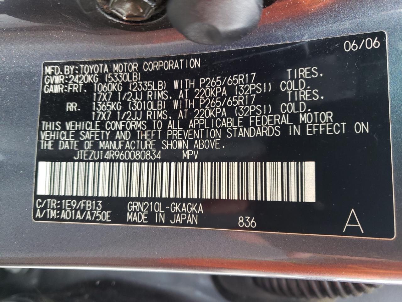 Photo 10 from auction – 2006 TOYOTA 4RUNNER SR with VIN JTEZU14R960080834