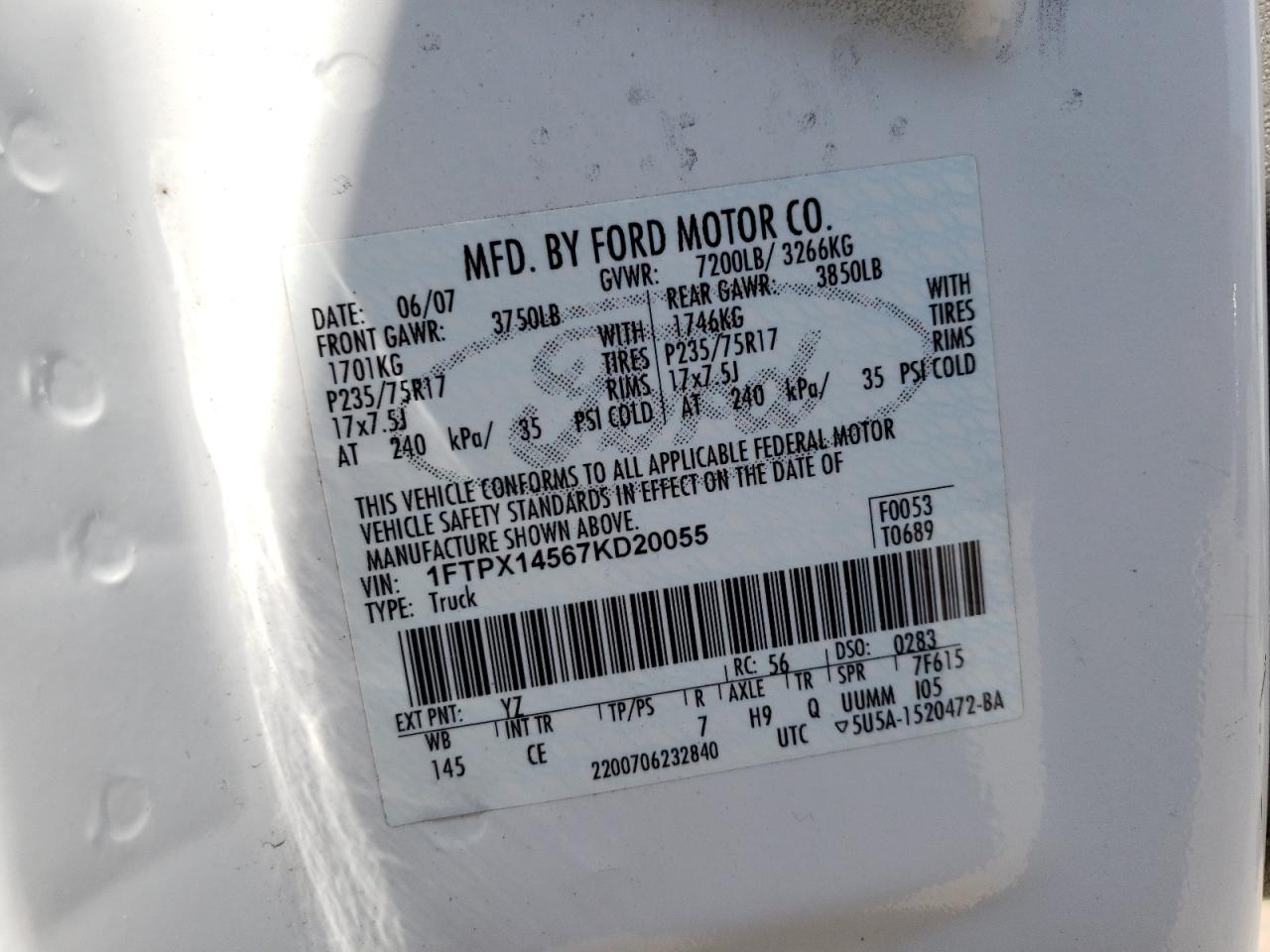 Photo 10 from auction – 2007 FORD F150 with VIN 1FTPX14567KD20055