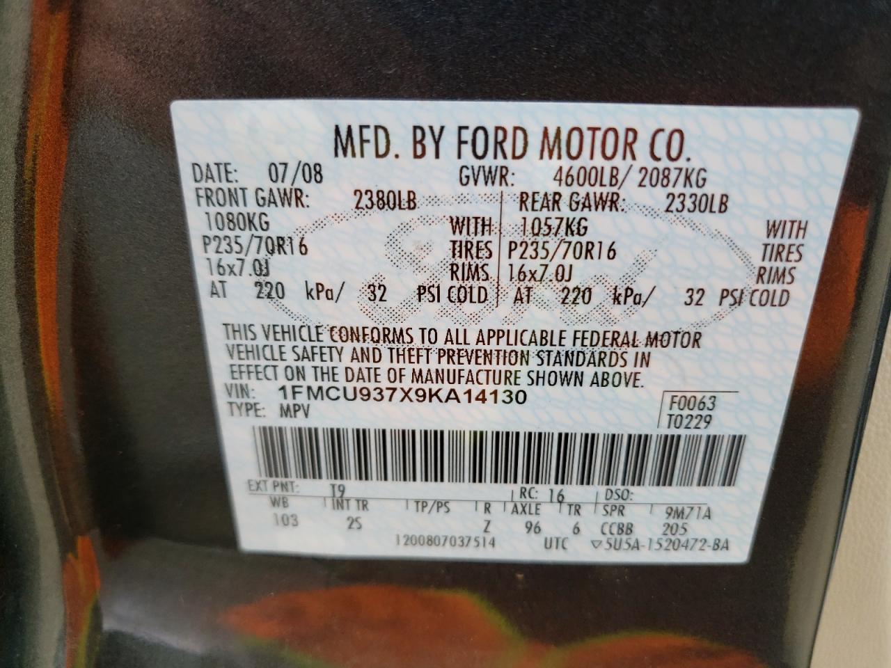 Photo 10 from auction – 2009 FORD ESCAPE XLT with VIN 1FMCU937X9KA14130