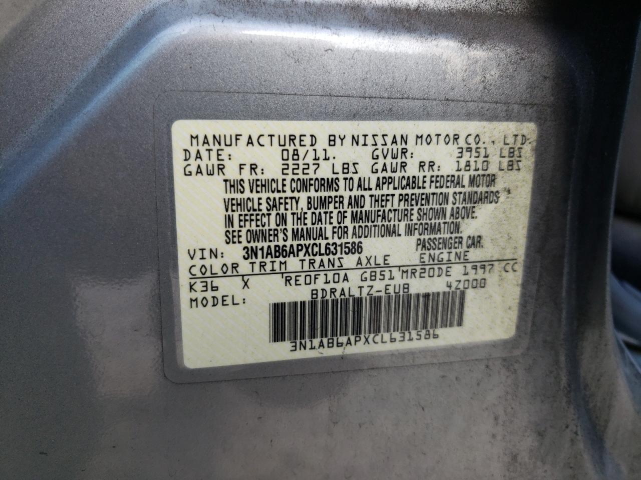 Photo 10 from auction – 2012 NISSAN SENTRA 2.0 with VIN 3N1AB6APXCL631586