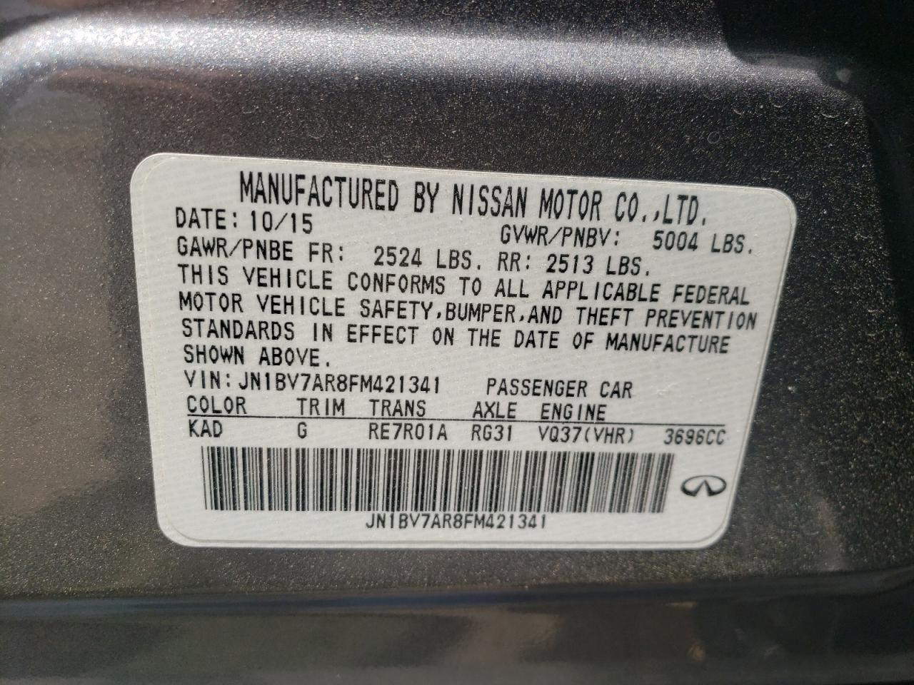 Photo 10 from auction – 2015 INFINITI Q50 BASE with VIN JN1BV7AR8FM421341