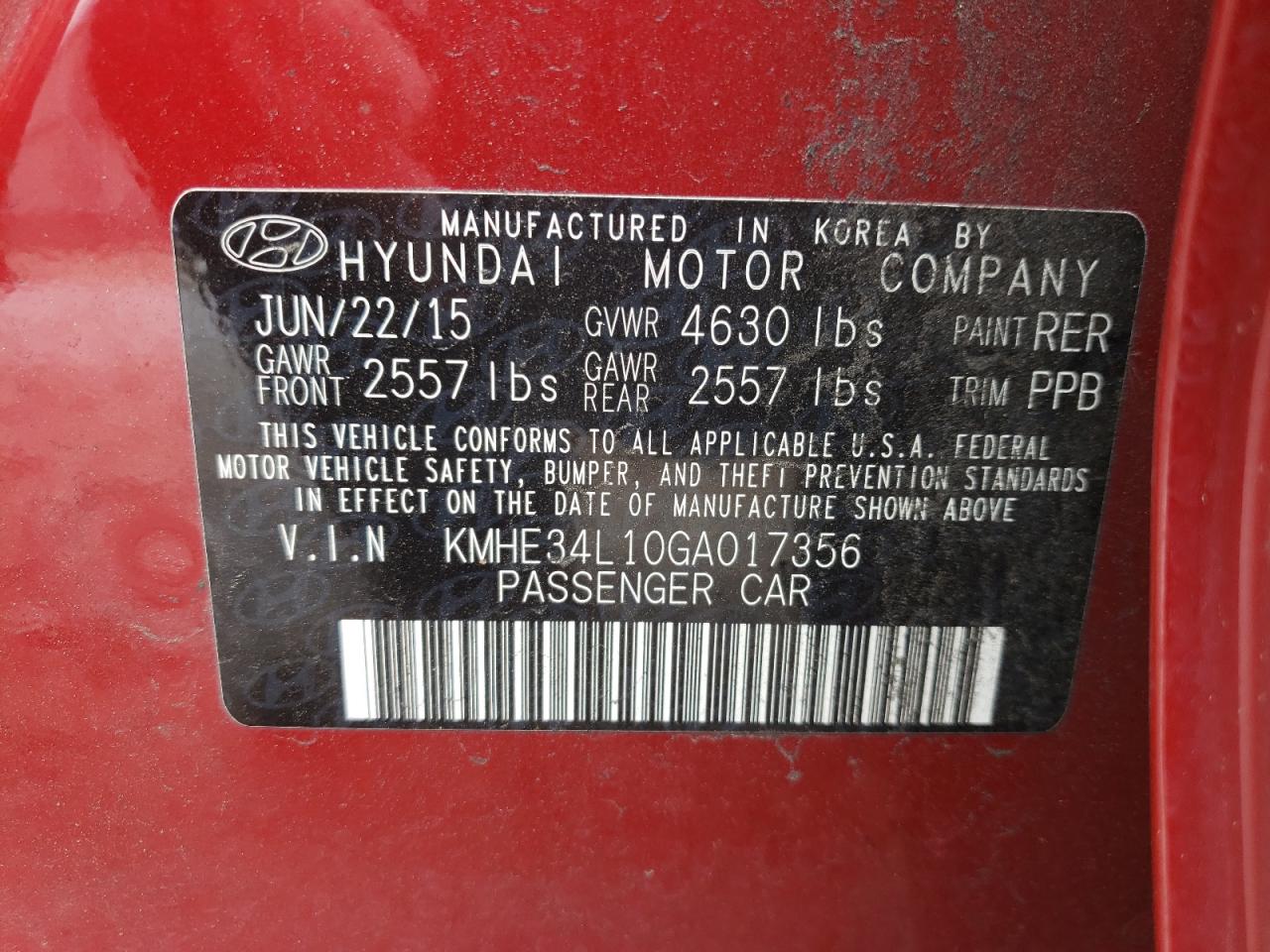 Photo 10 from auction – 2016 HYUNDAI SONATA HYB with VIN KMHE34L10GA017356