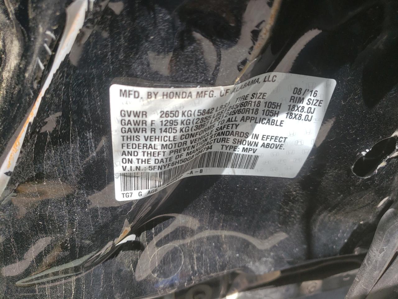 Photo 10 from auction – 2016 HONDA PILOT EXL with VIN 5FNYF6H50GB104794