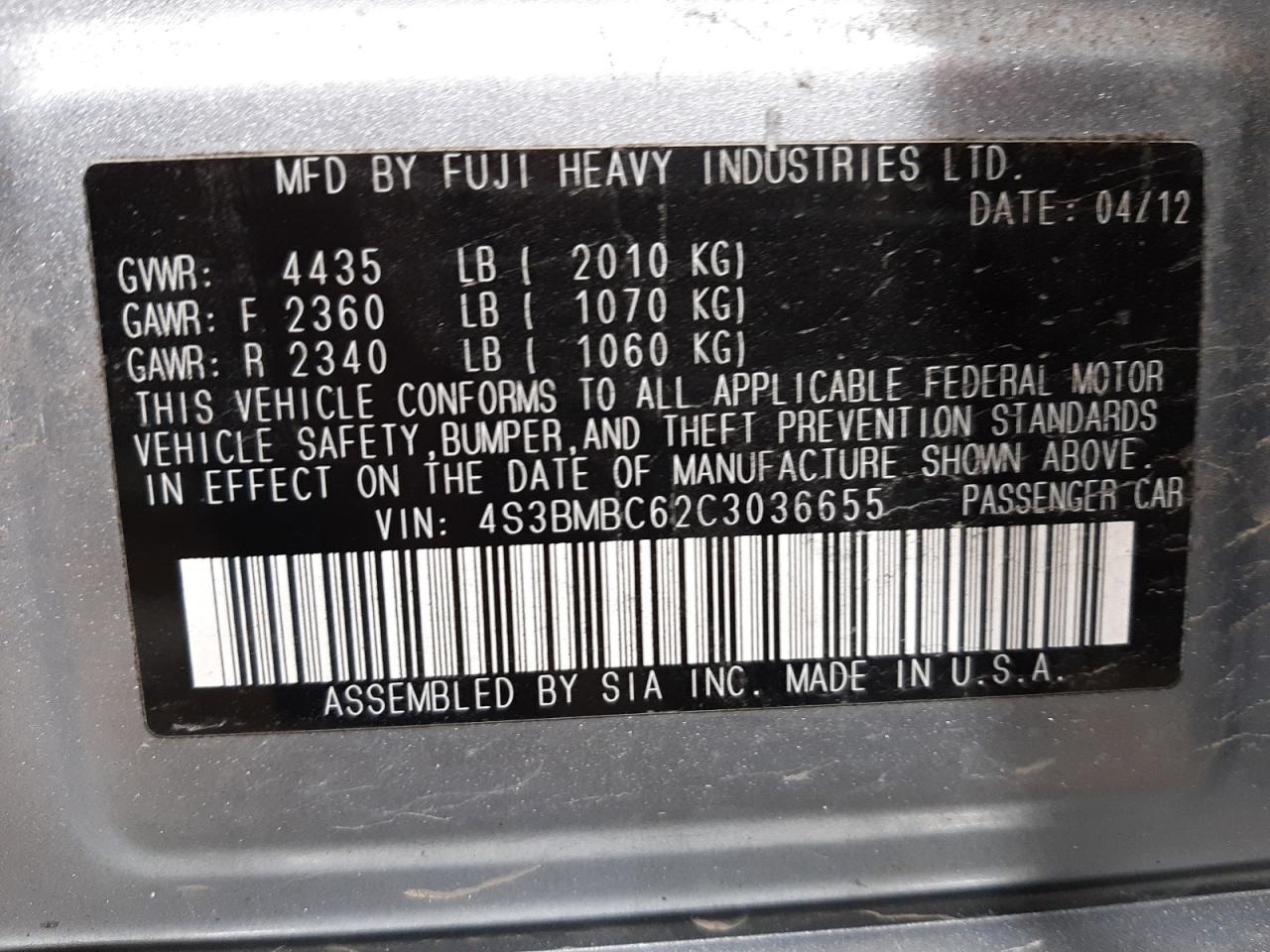 Photo 10 from auction – 2012 SUBARU LEGACY 2.5 with VIN 4S3BMBC62C3036655
