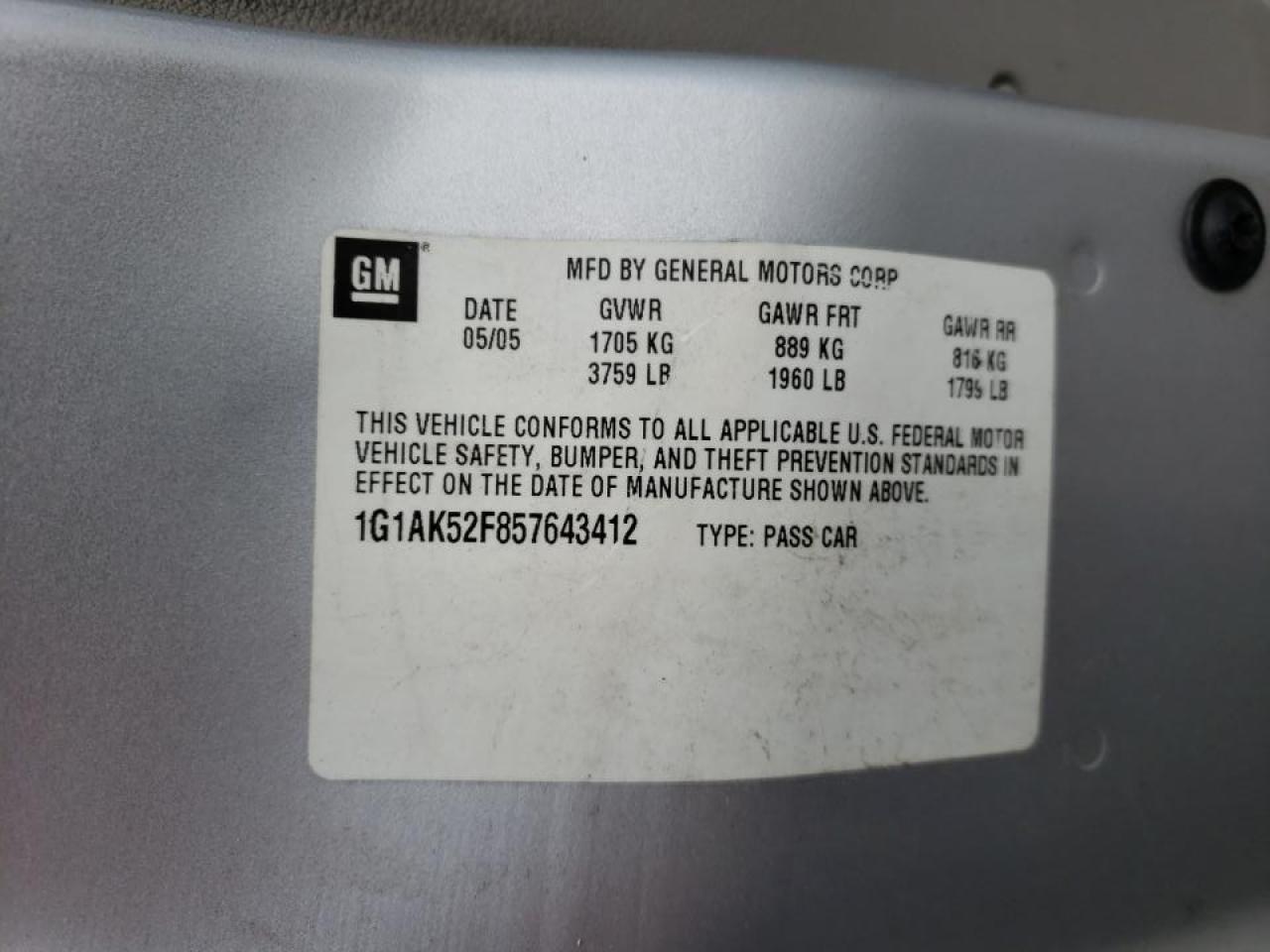 Photo 10 from auction – 2005 CHEVROLET COBALT with VIN 1G1AK52F857643412