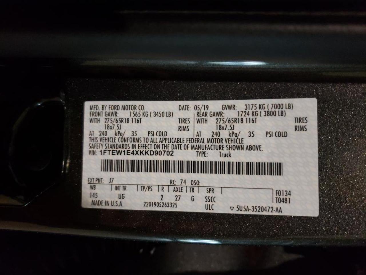 Photo 10 from auction – 2019 FORD F150 SUPER with VIN 1FTEW1E4XKKD90702