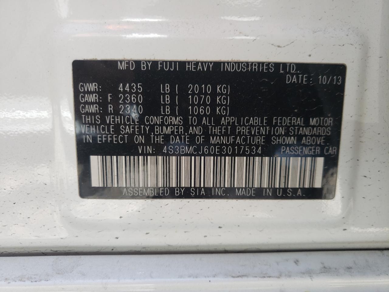Photo 10 from auction – 2014 SUBARU LEGACY 2.5 with VIN 4S3BMCJ60E3017534