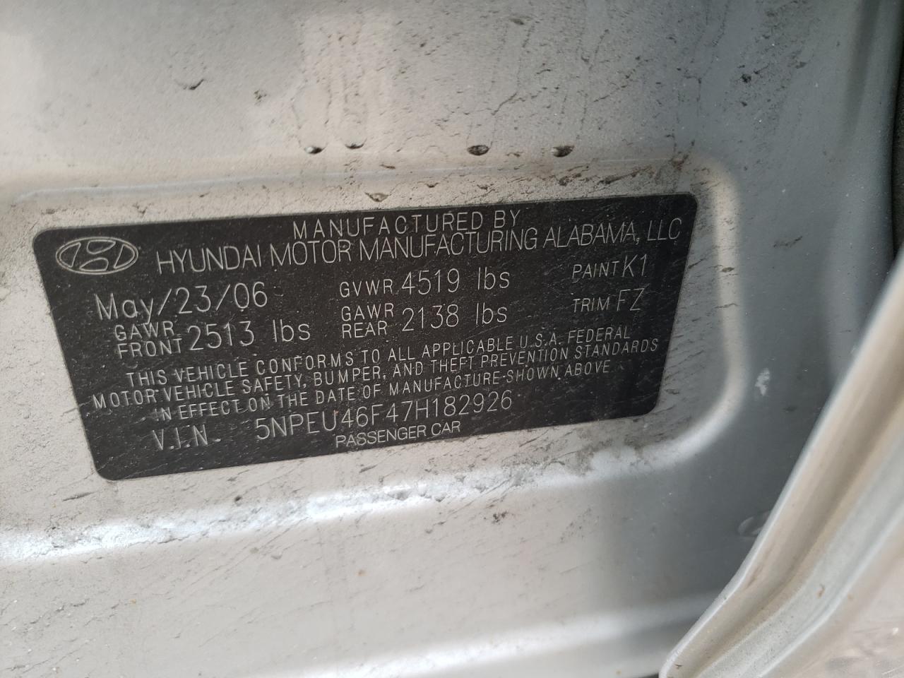 Photo 10 from auction – 2007 HYUNDAI SONATA SE with VIN 5NPEU46F47H182926