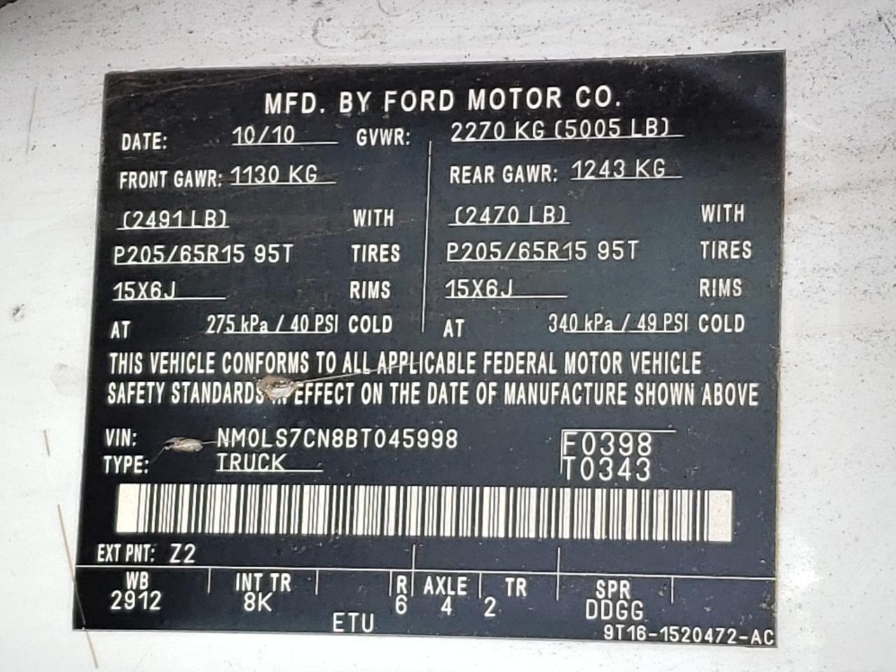 Photo 10 from auction – 2011 FORD TRANSIT CO with VIN NM0LS7CN8BT045998