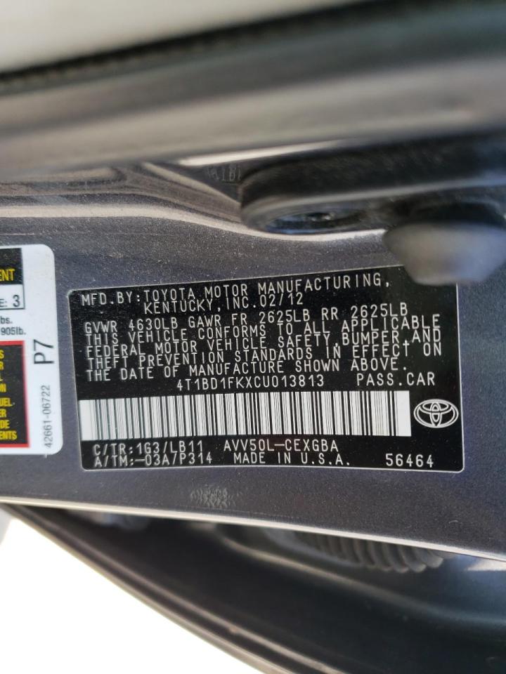 Photo 10 from auction – 2012 TOYOTA CAMRY HYBR with VIN 4T1BD1FKXCU013813