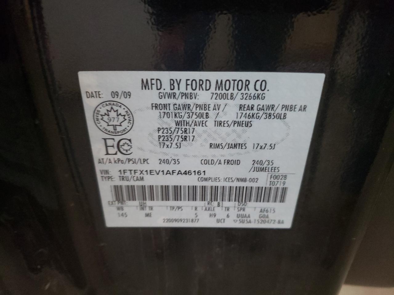 Photo 10 from auction – 2010 FORD F150 SUPER with VIN 1FTFX1EV1AFA46161