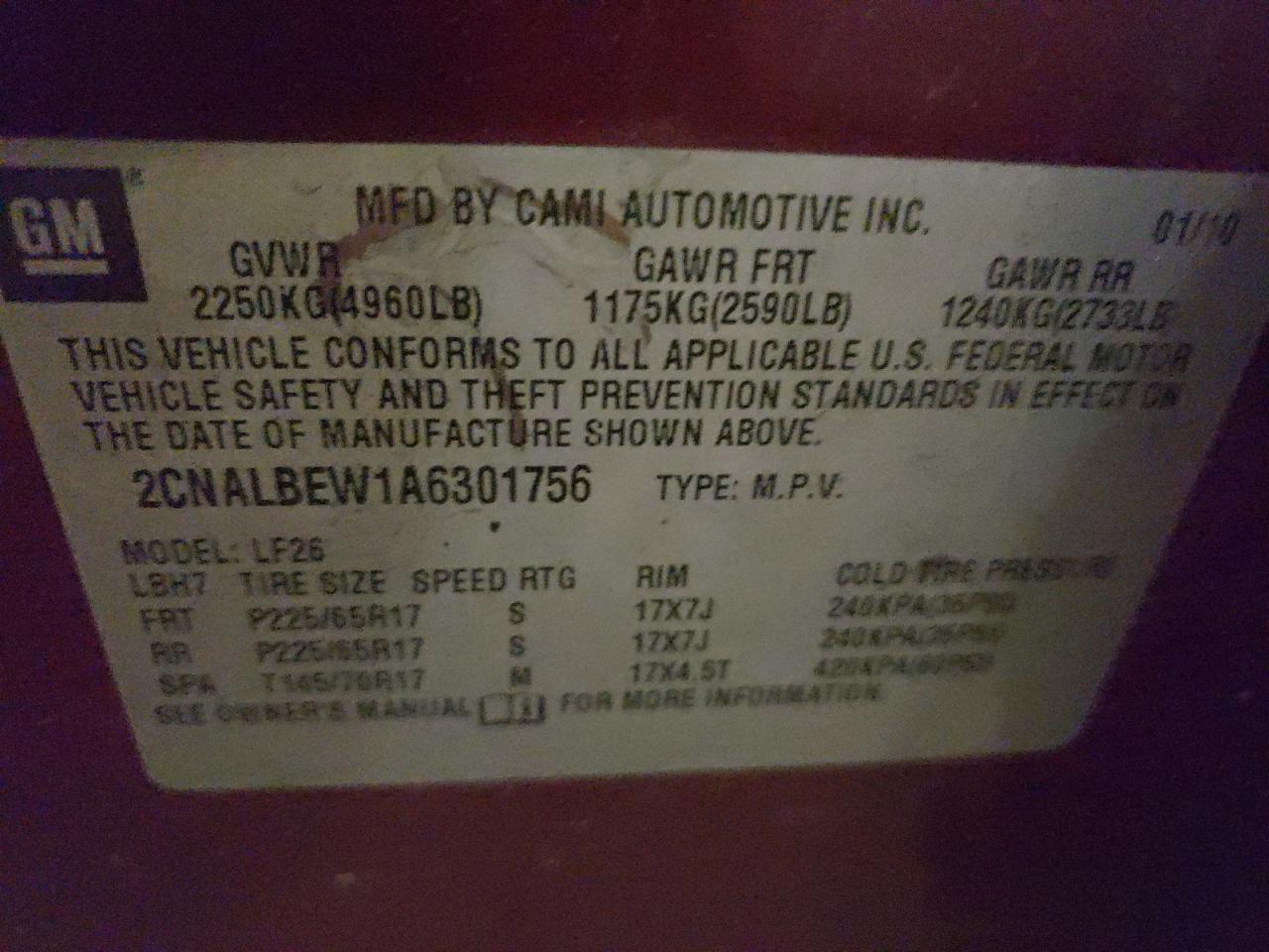 Photo 10 from auction – 2010 CHEVROLET EQUINOX LS with VIN 2CNALBEW1A6301756