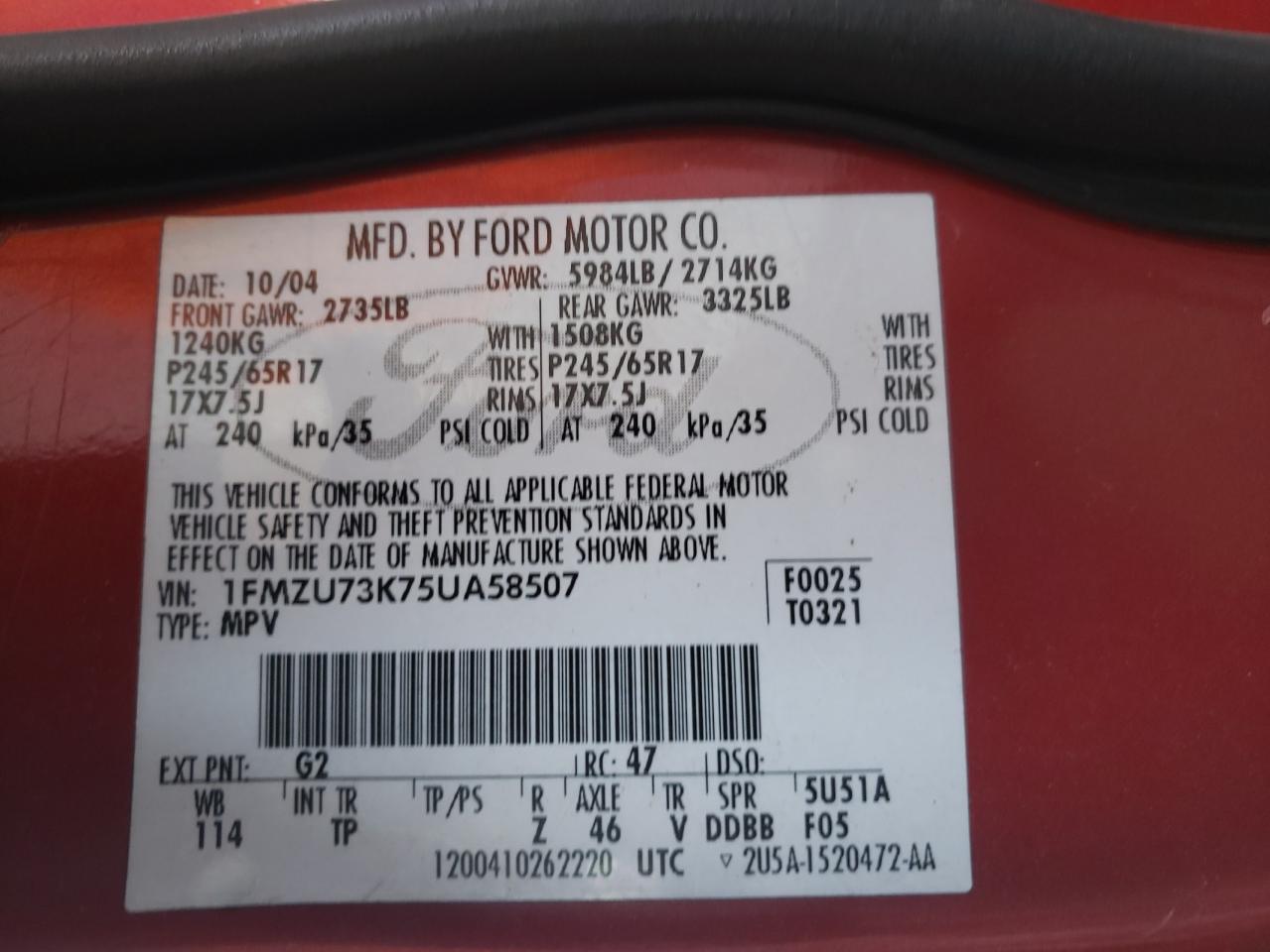 Photo 10 from auction – 2005 FORD EXPLORER X with VIN 1FMZU73K75UA58507