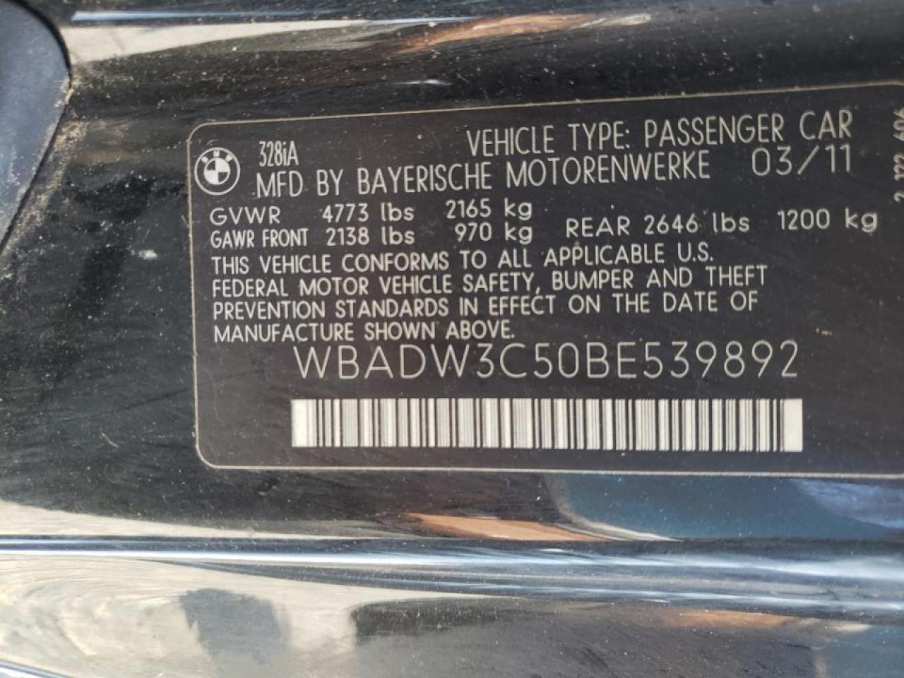 Photo 10 from auction – 2011 BMW 328 I with VIN WBADW3C50BE539892