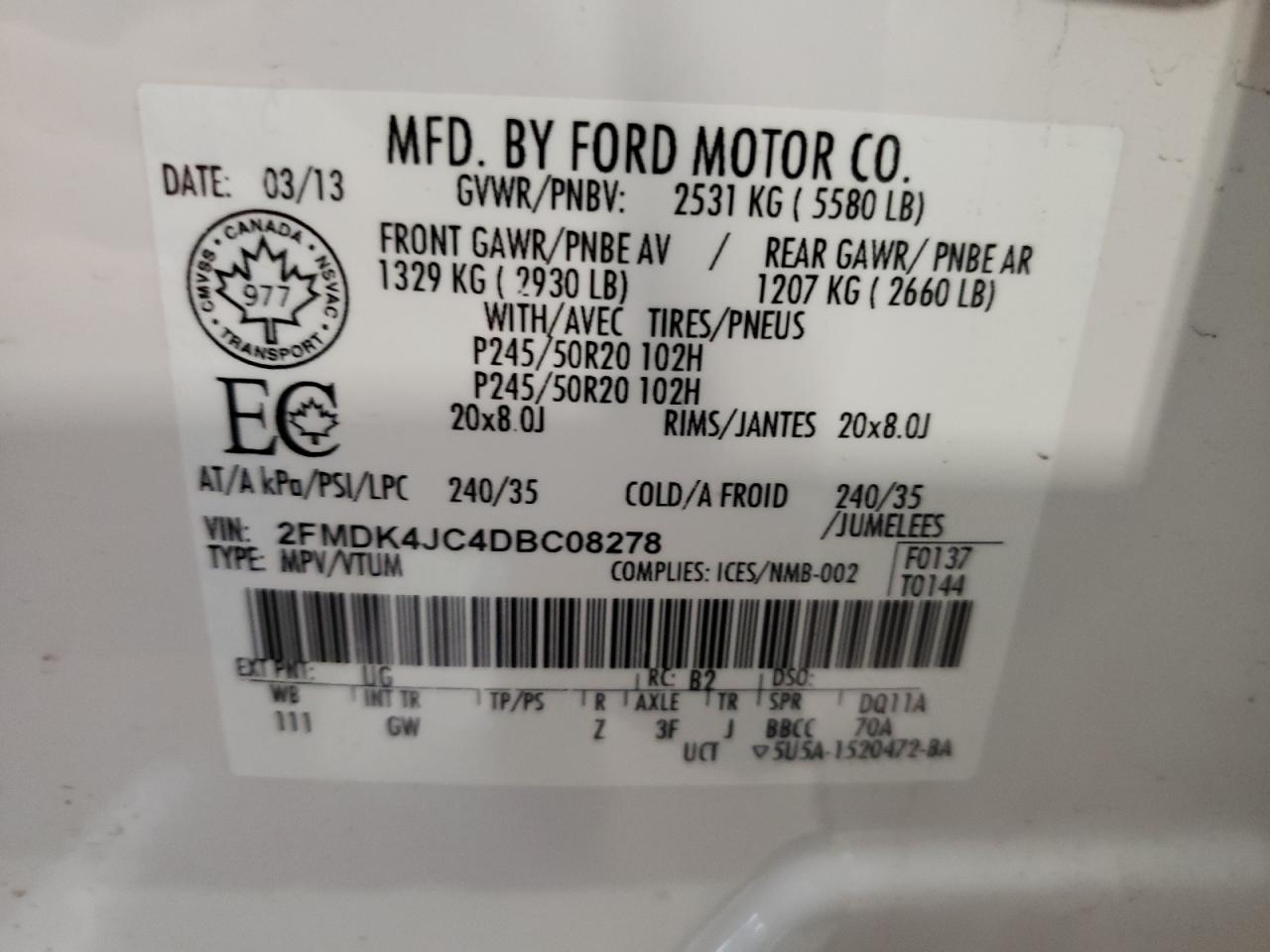 Photo 10 from auction – 2013 FORD EDGE SEL with VIN 2FMDK4JC4DBC08278