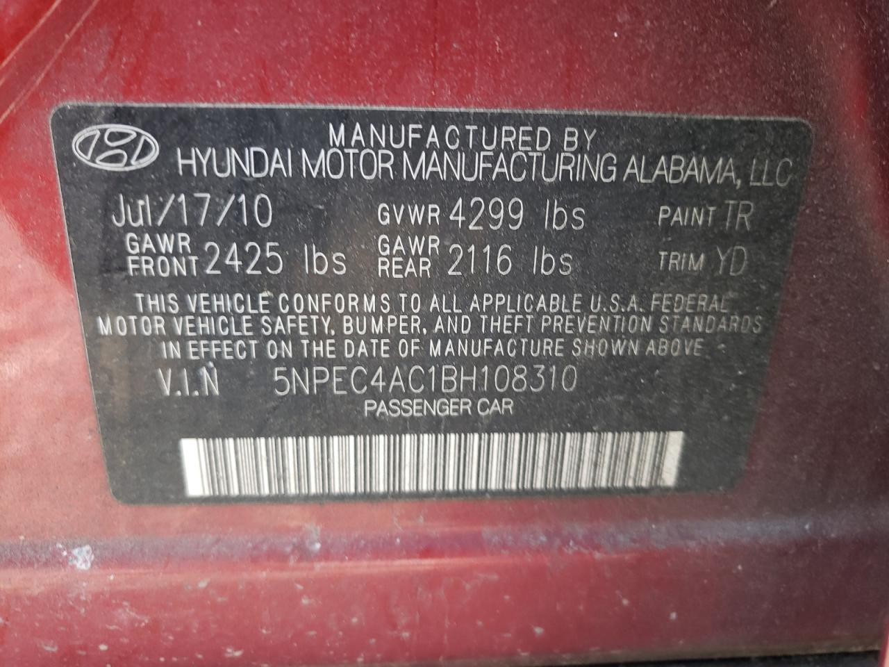 Photo 10 from auction – 2011 HYUNDAI SONATA SE with VIN 5NPEC4AC1BH108310