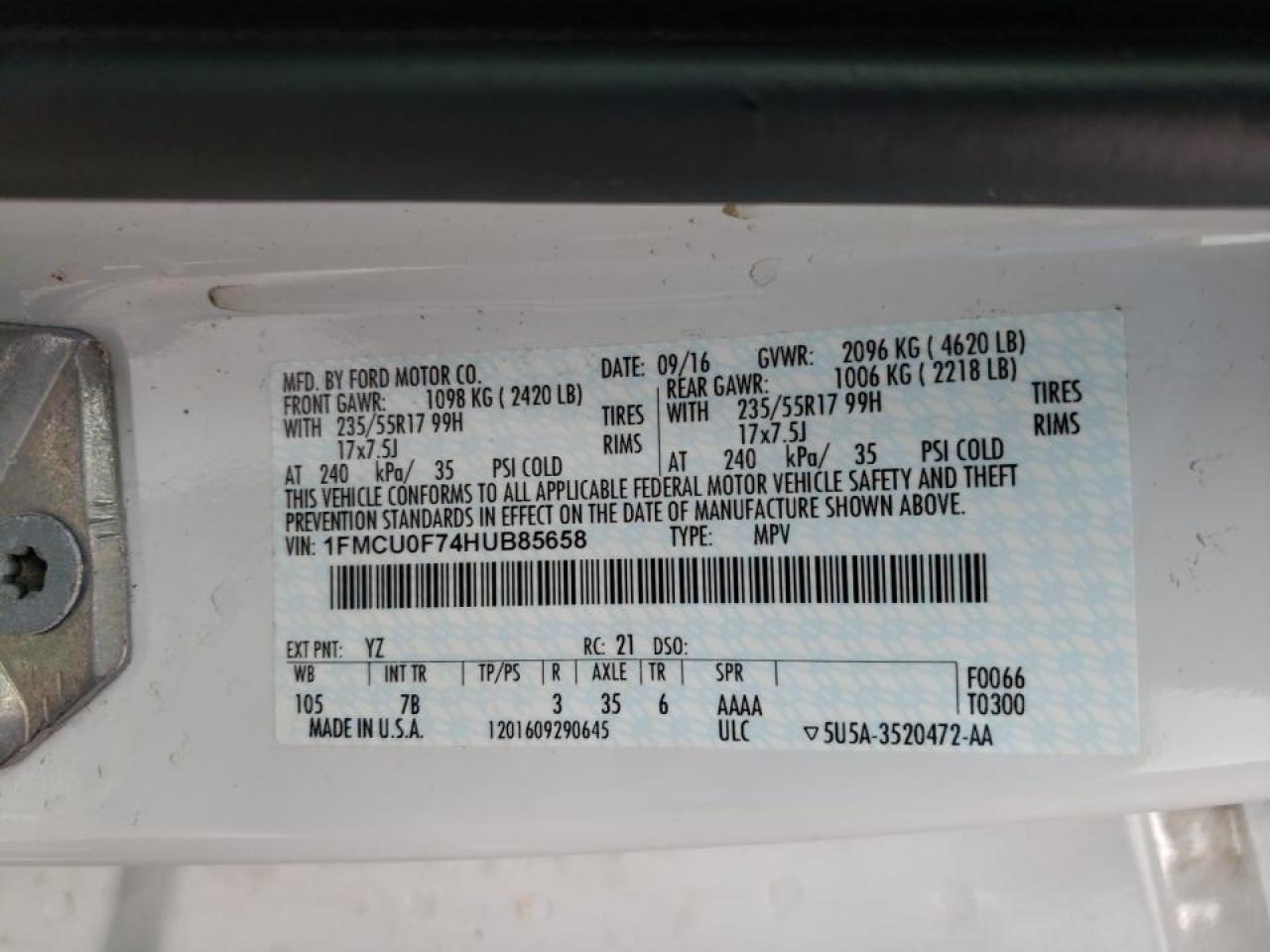 Photo 10 from auction – 2017 FORD ESCAPE S with VIN 1FMCU0F74HUB85658