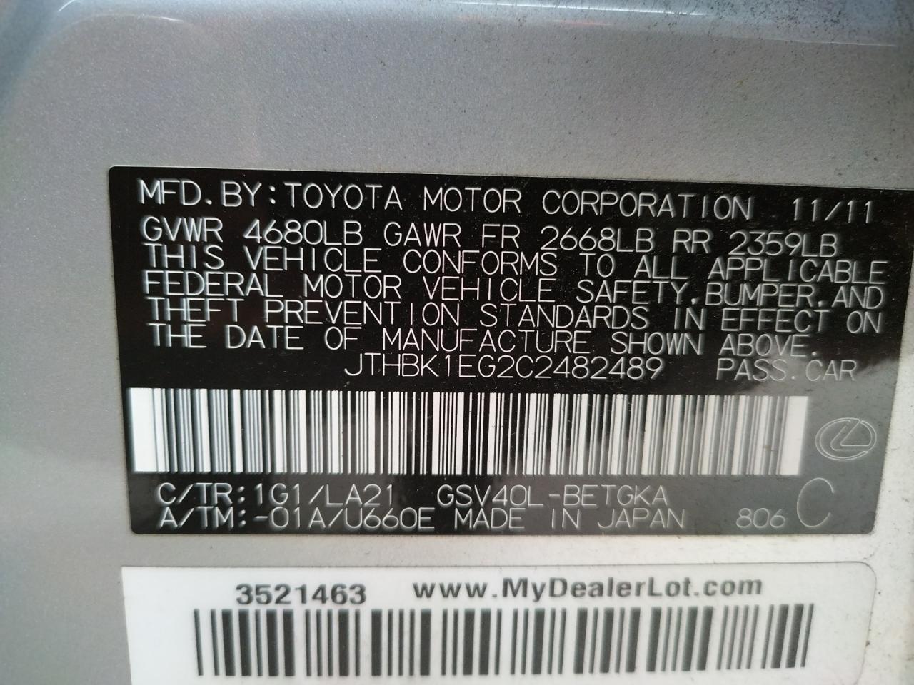 Photo 10 from auction – 2012 LEXUS ES 350 with VIN JTHBK1EG2C2482489