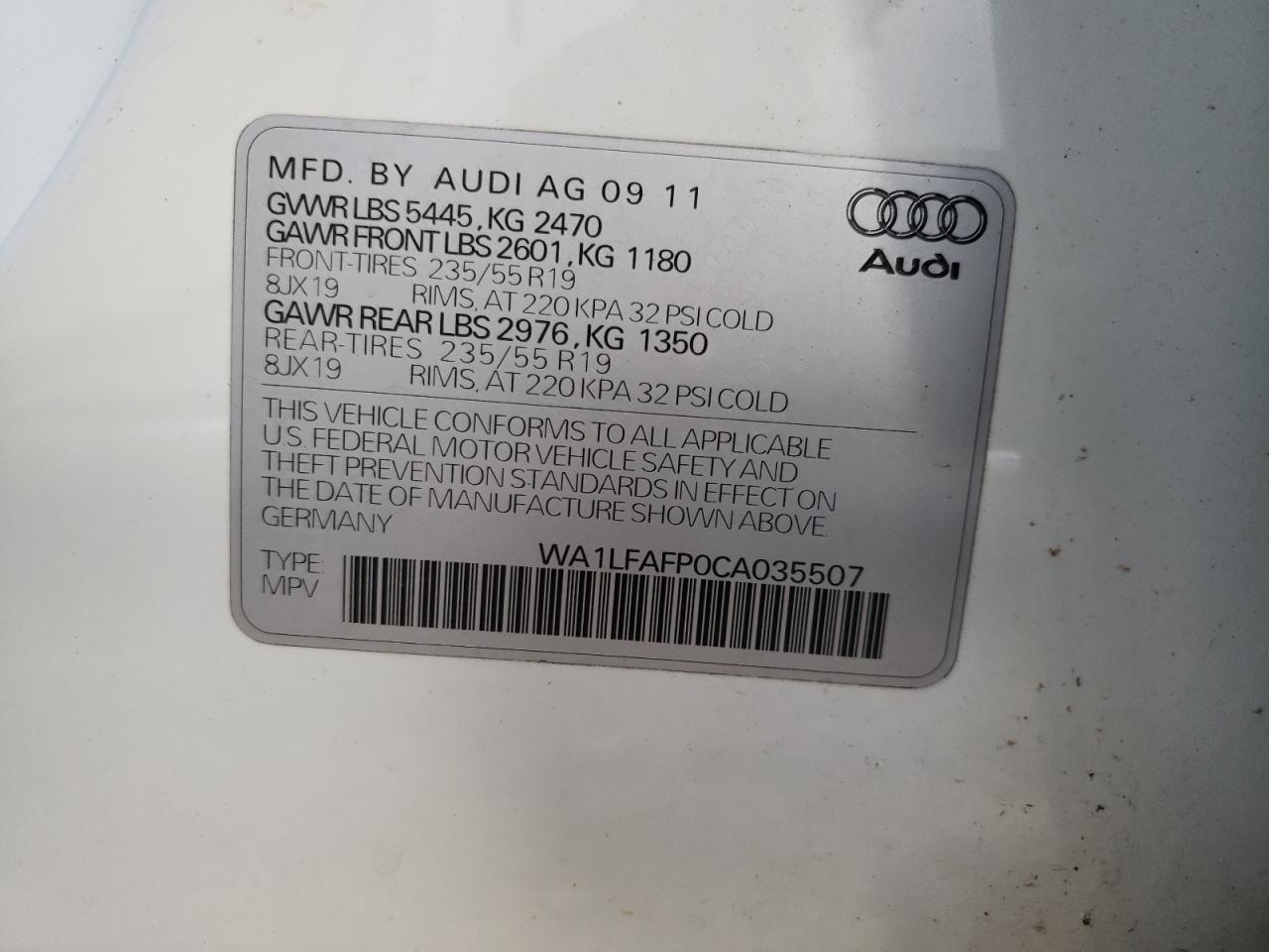 Photo 10 from auction – 2012 AUDI Q5 PREMIUM with VIN WA1LFAFP0CA035507