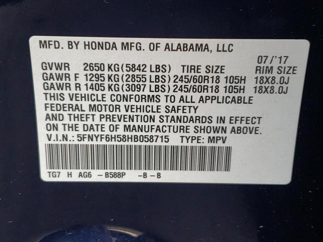 Photo 10 from auction – 2017 HONDA PILOT EXL with VIN 5FNYF6H58HB058715