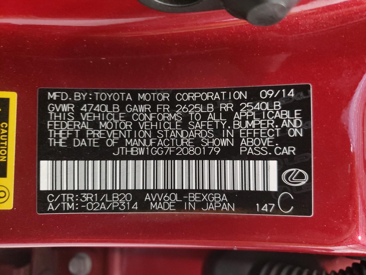 Photo 10 from auction – 2015 LEXUS ES 300H with VIN JTHBW1GG7F2080179