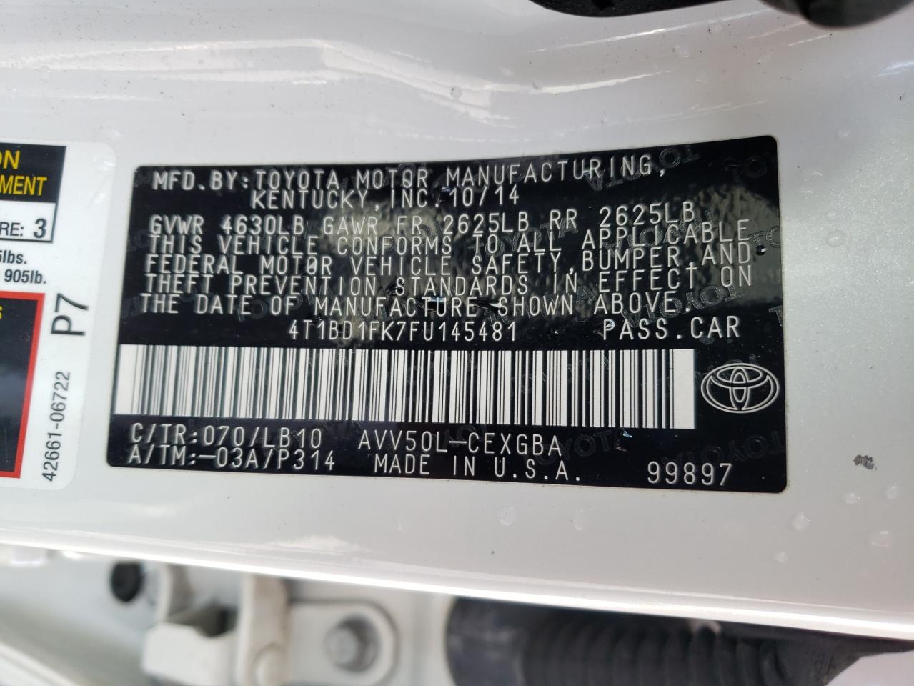 Photo 10 from auction – 2015 TOYOTA CAMRY HYBR with VIN 4T1BD1FK7FU145481