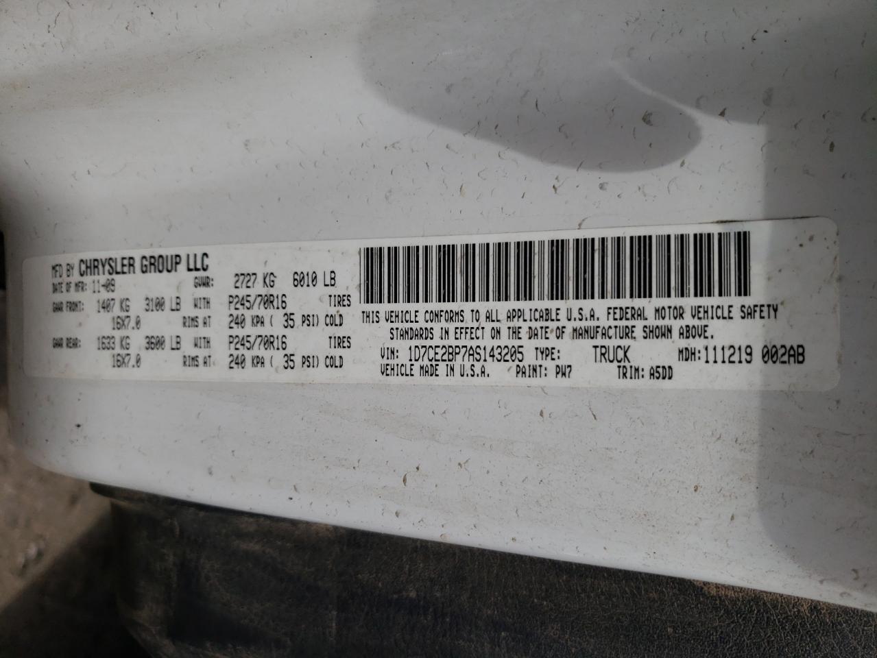 Photo 10 from auction – 2010 DODGE DAKOTA ST with VIN 1D7CE2BP7AS143205