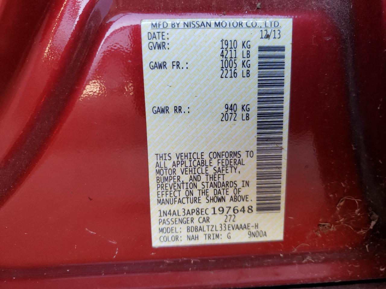 Photo 10 from auction – 2014 NISSAN ALTIMA 2.5 with VIN 1N4AL3AP8EC197648