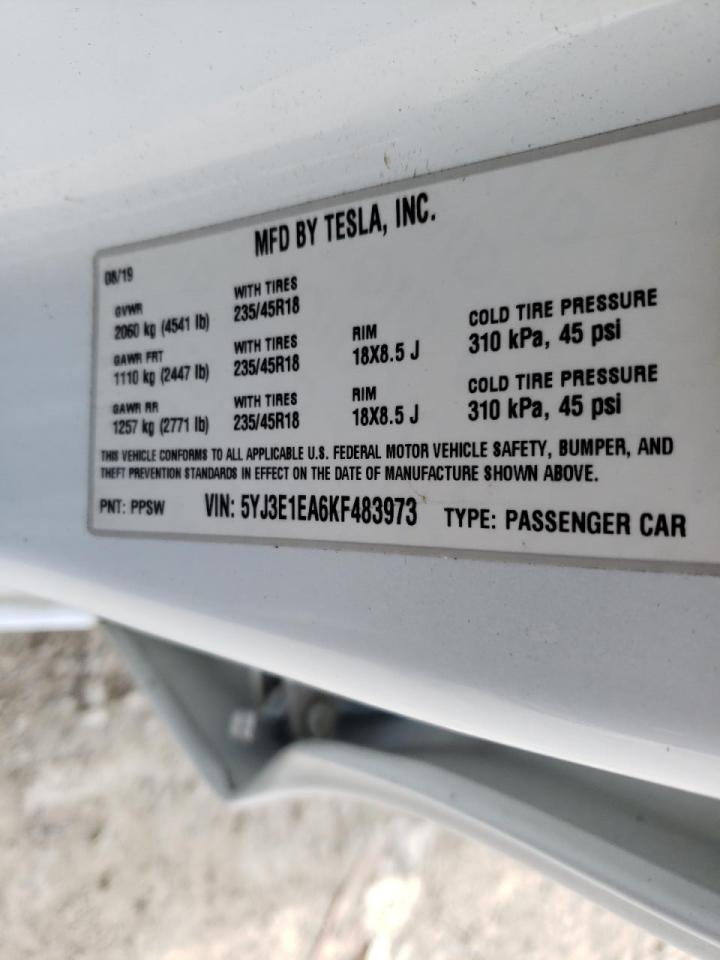 Photo 10 from auction – 2019 TESLA MODEL 3 with VIN 5YJ3E1EA6KF483973