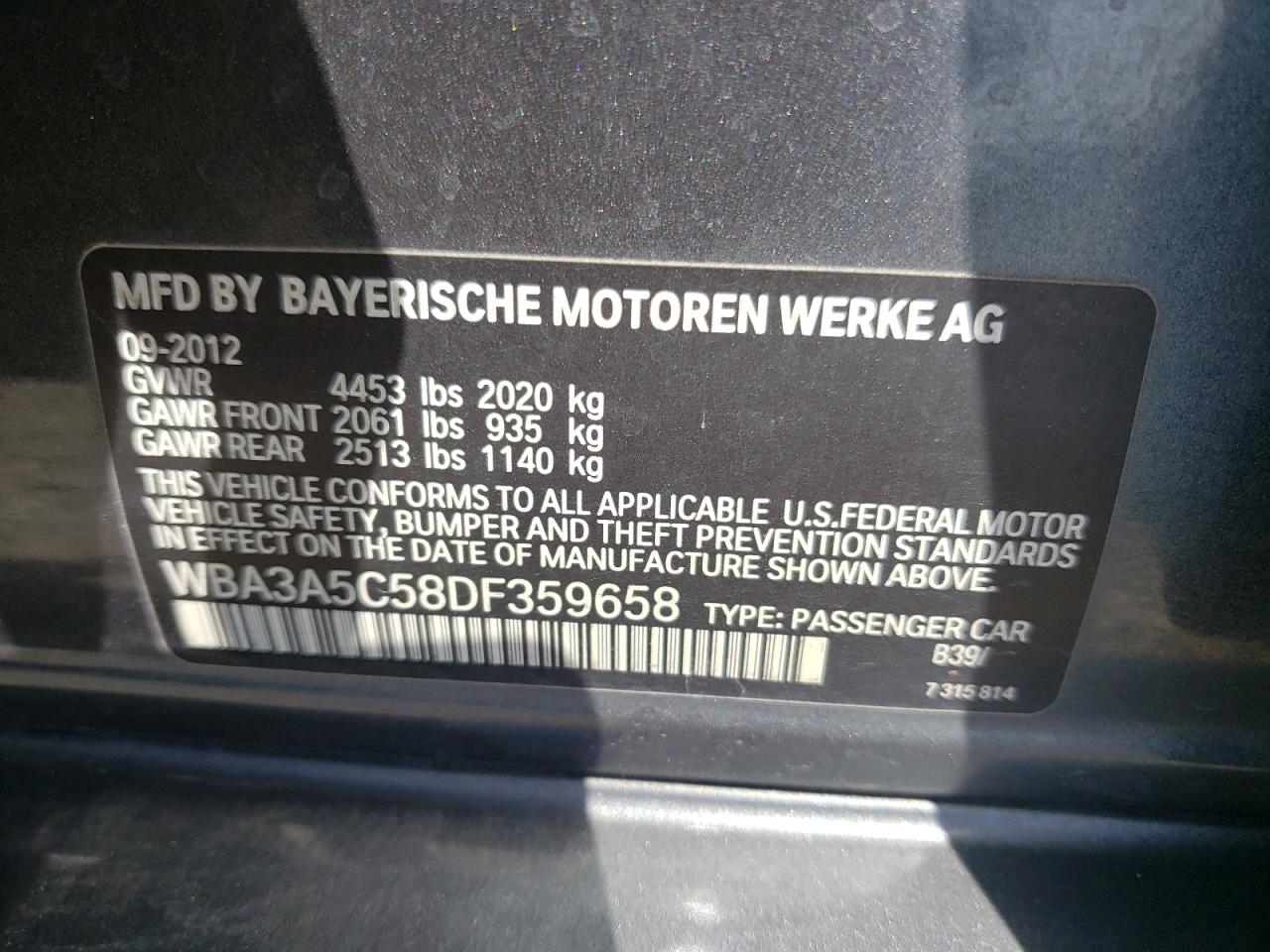Photo 10 from auction – 2013 BMW 328 I with VIN WBA3A5C58DF359658