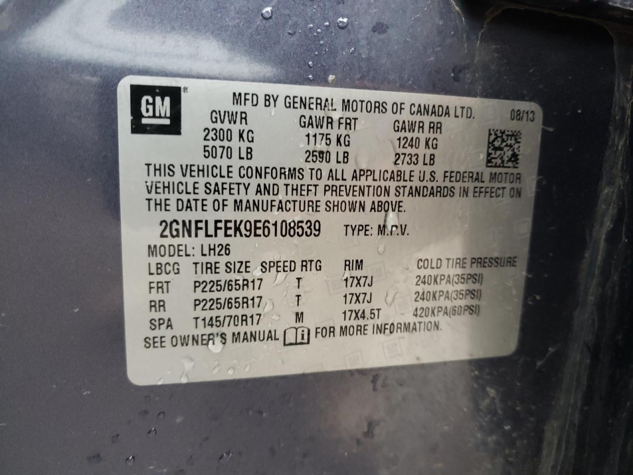 Photo 10 from auction – 2014 CHEVROLET EQUINOX LT with VIN 2GNFLFEK9E6108539