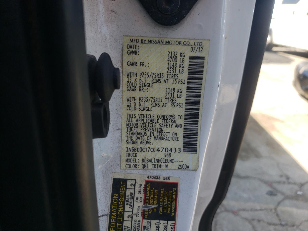 Photo 10 from auction – 2012 NISSAN FRONTIER S with VIN 1N6BD0CT7CC470433