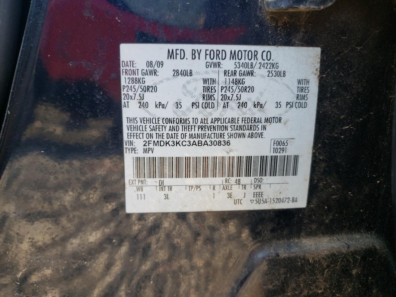 Photo 10 from auction – 2010 FORD EDGE LIMIT with VIN 2FMDK3KC3ABA30836